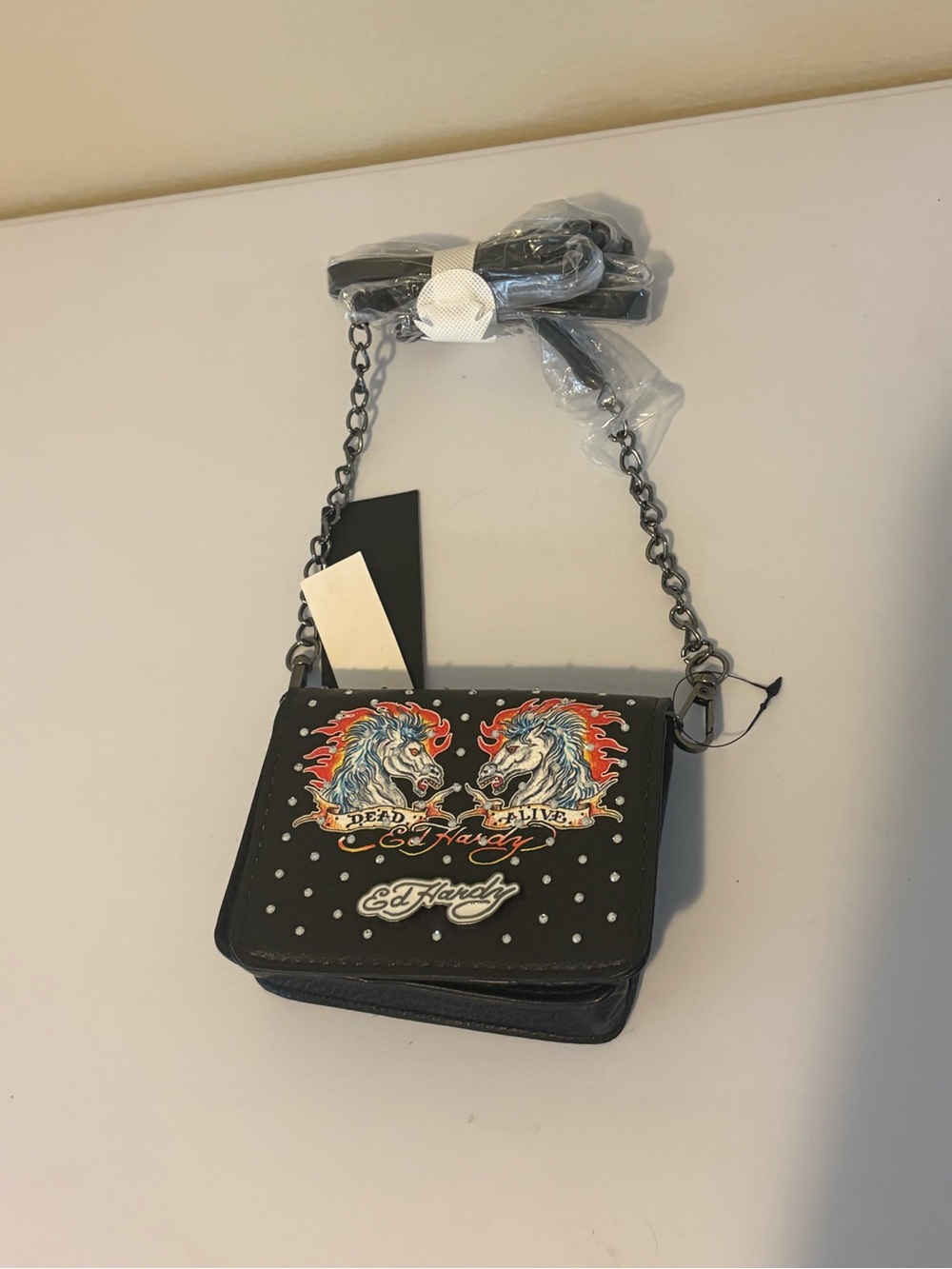 Ed Hardy Black Mini Crossbody with Colorful Graphic Horses